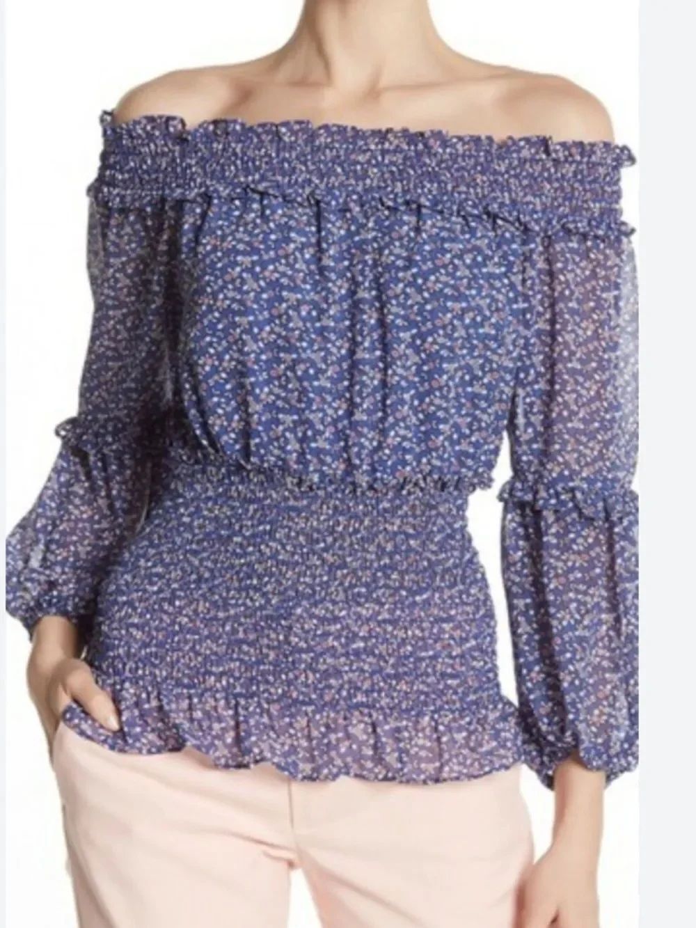 Max Edition Off Shoulder Floral Smocked Blouse Cobalt Blue Mauve M